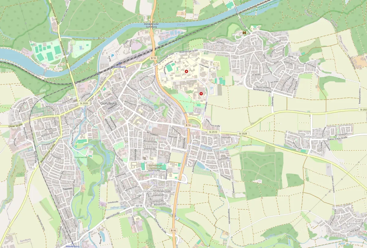 Kartenausschnitt Günzburg mit dem Standort der Ulrich Hofmann GmbH, Augsburger Str. 57A
