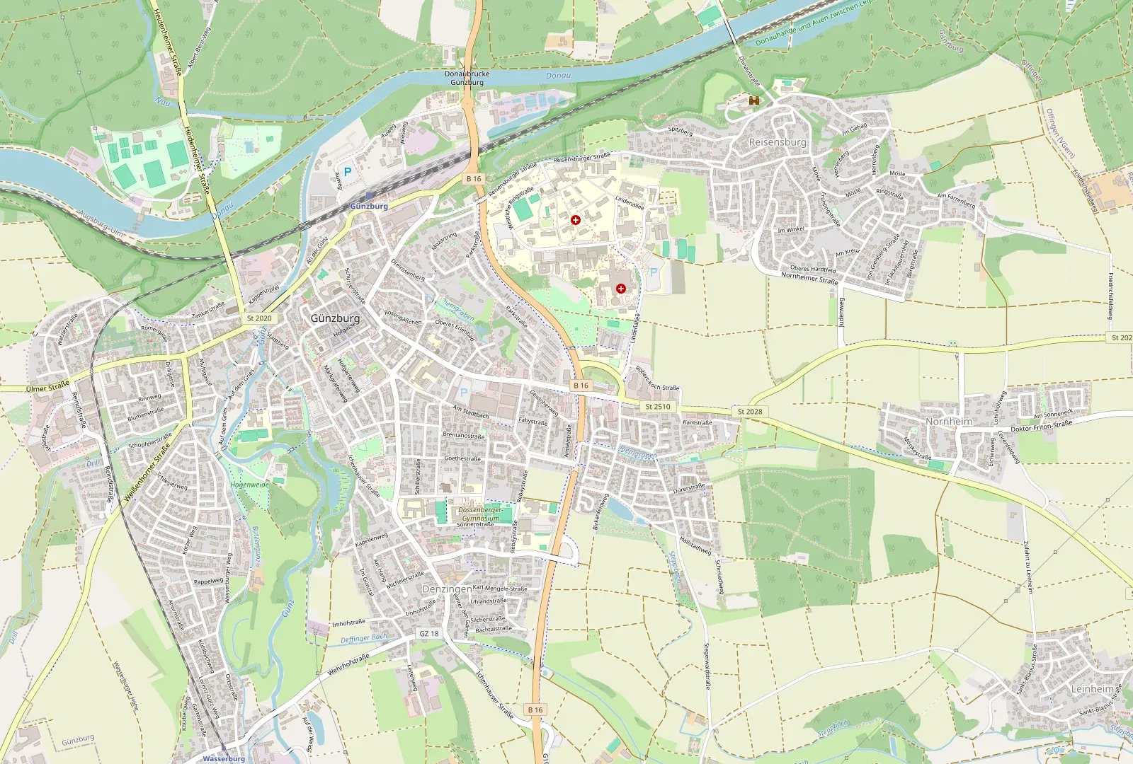 Kartenausschnitt Günzburg mit dem Standort der Ulrich Hofmann GmbH, Augsburger Str. 57A