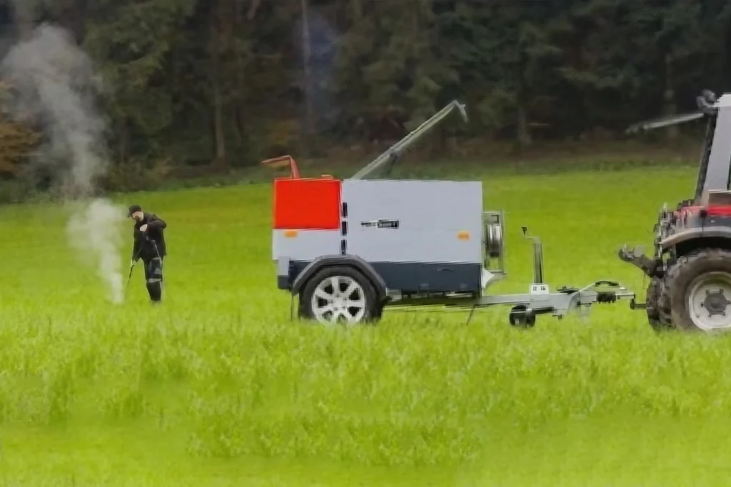 Wildkrautbekämpfung mit mobilem Wasserstrahlsystem auf feld